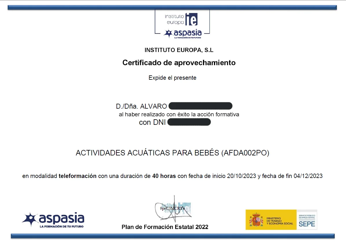 Diploma de matronatación y niños